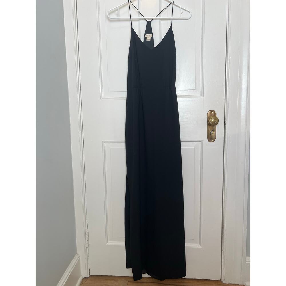 J.Crew Black Maxi Dress Spaghetti Straps V Neck Y Back Large Slits Women's 2